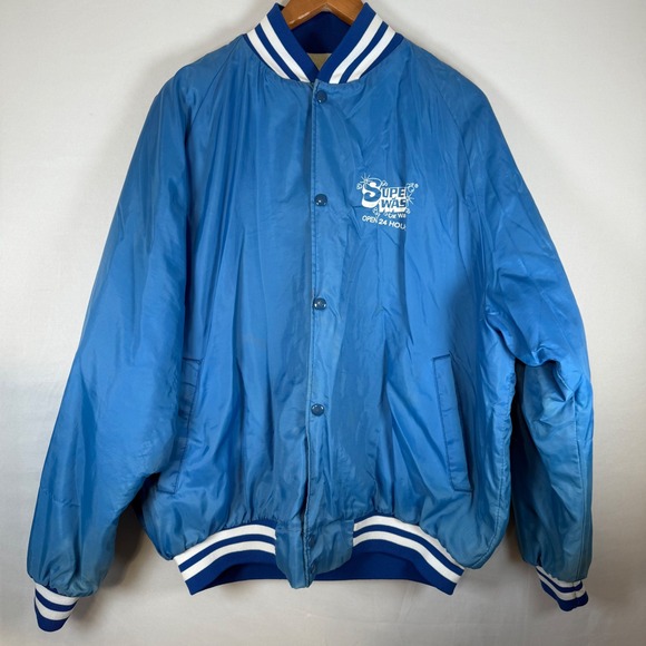 ASW Jackets Super Wash Car Wash Bomber Jacket Blue Quilted Lined Snap Front USA - Picture 2 of 12
